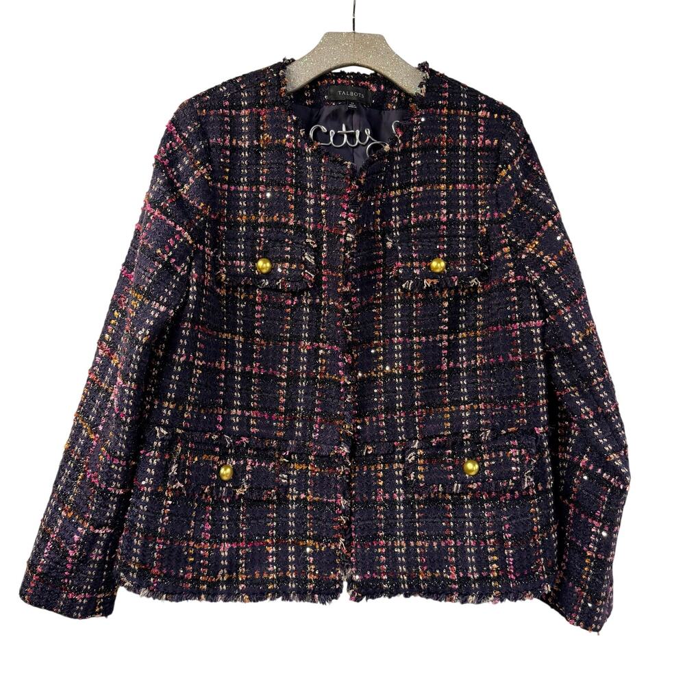 Talbots Purple Tweed Plaid Jacket 14 Gold Buttons Metallic Plus Size Blazer